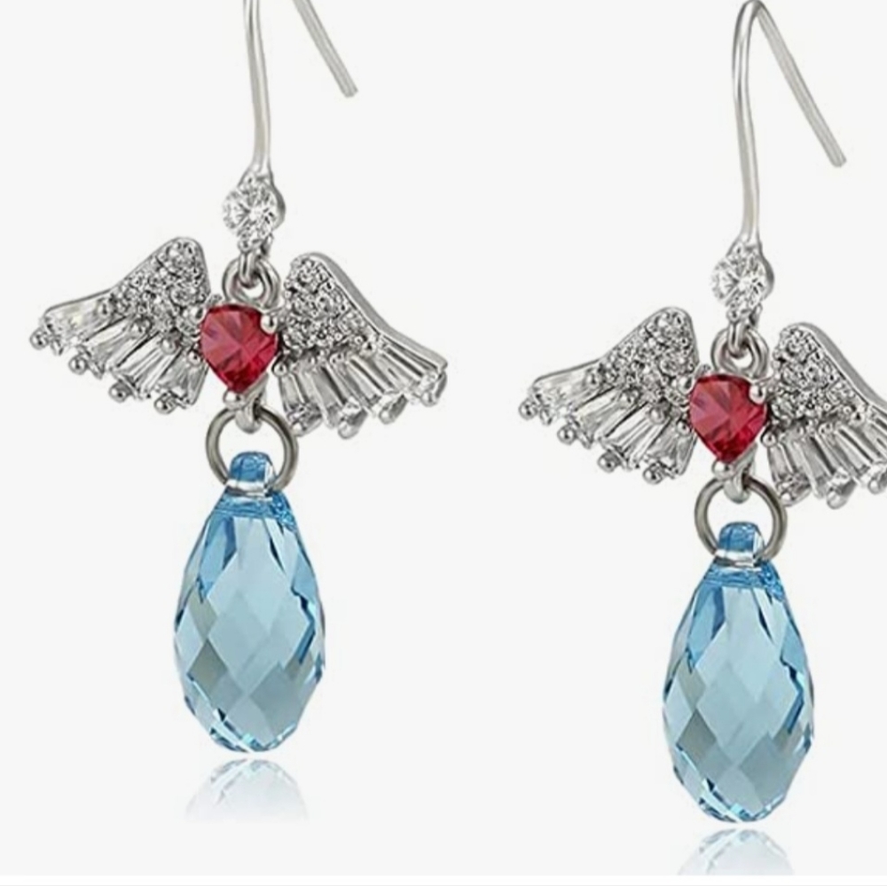 AngelWings mid red heart stone design,Aquamarine Crystal stone teardrop Earring